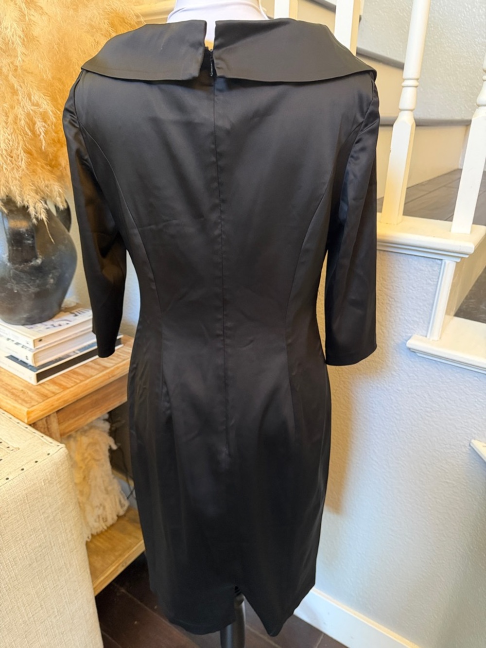 Kay Unger Black Satin Sheath Evening Dress Size 10 Portrait Collar Cocktail - Picture 6 of 8